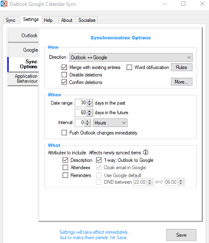 set sync options