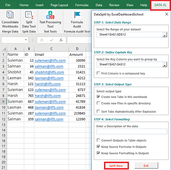 Data XL open and specify options