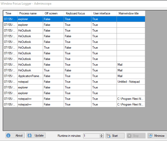 Window Focus Logger- interface