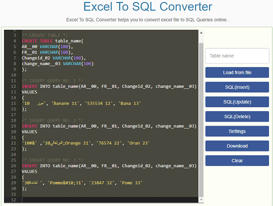 Excel to SQL converter Beautify Converter