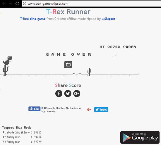 T-Rex Game in action