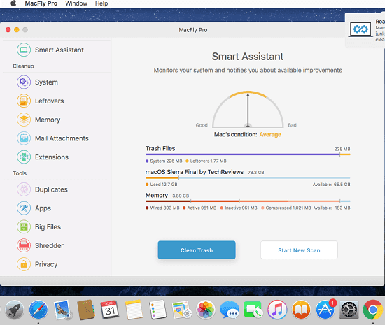 MAC cleaning tool with Shredder, Memory optimizer MacFly Pro