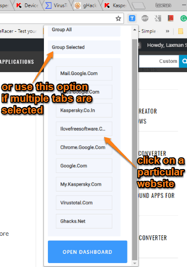 click on a particular website name or group selected option