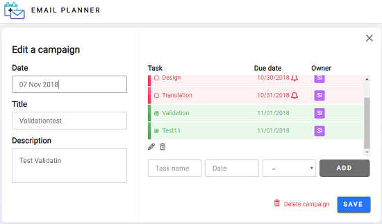 Email Planner campaign tasks