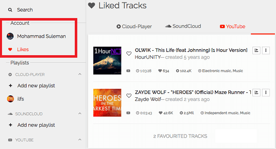 Liked tracks Cloud-Player