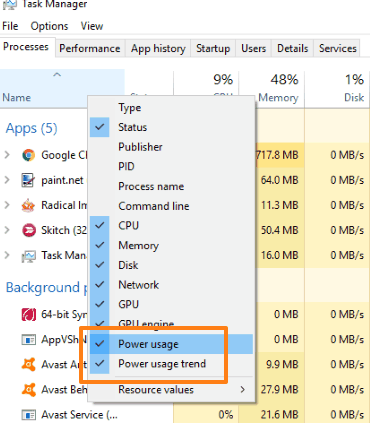 check power usage and power usage trend options