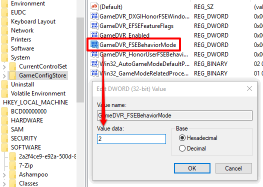 set value data of gamedvr_fsebehaviormode to 2