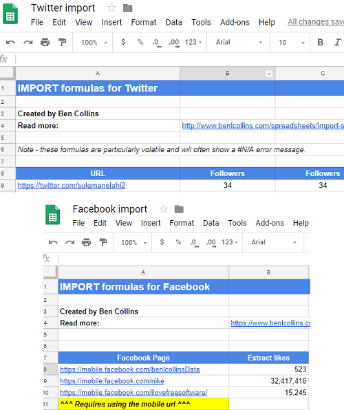 Google Sheets social media stats