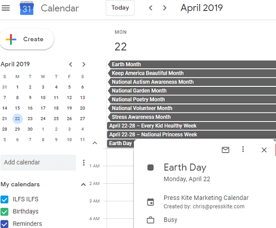 2019 Marketing Calendar by Press Kite in action