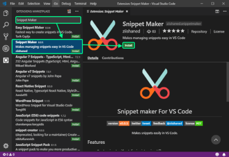 generate code snippets in VS Code