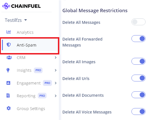 Anti spamming options on chainfuel