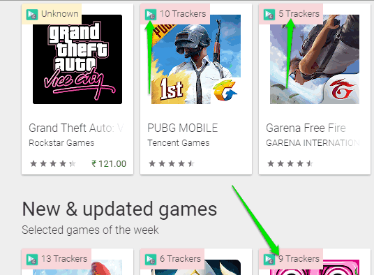 number of trackers visible for each app on play store