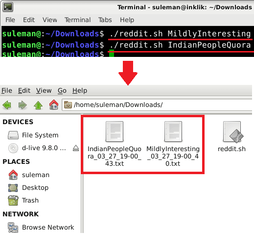 Reddit scrapper bash in action