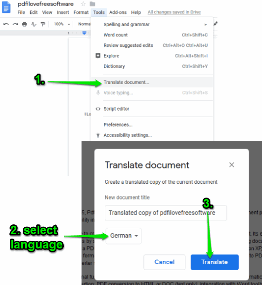 Google Docs translate language feature