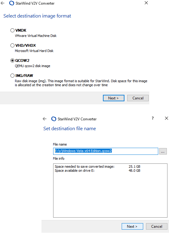 StarWind V2V Converter qcow2 and destination