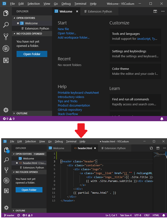 VSCodium interface and in action