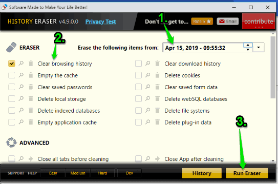 set date and time, options and run eraser