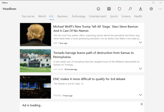 GNews windows 10 app interface