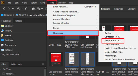 Adobe Bridge select images and image processor