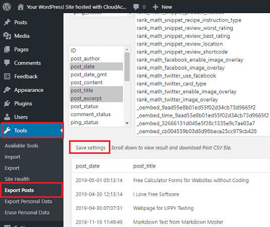 Export WP Post Settings