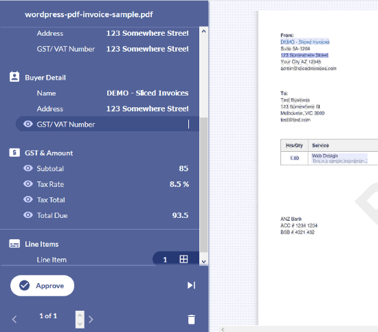 data extracted from invoice and review page is visible