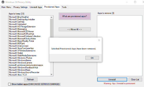 selected provisioned apps removed permanently for new users