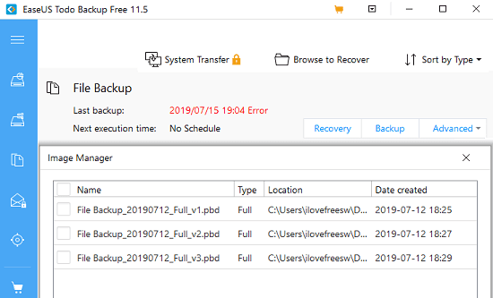 EaseUs Todo backup Free in action