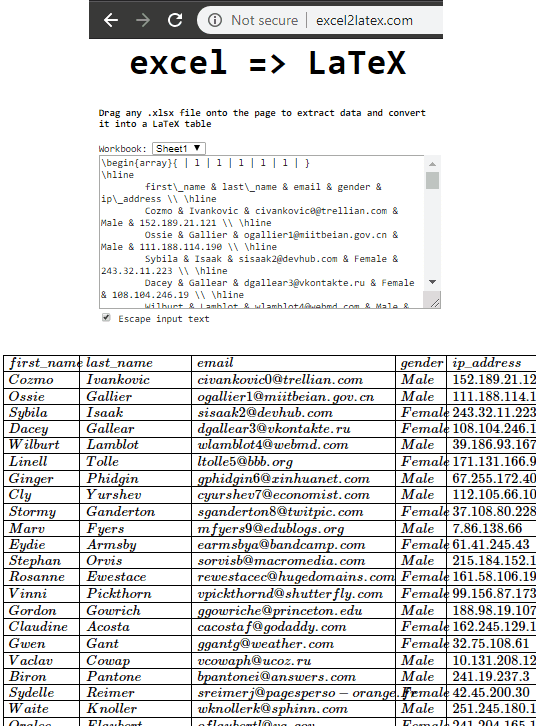 Excel2Latex in action