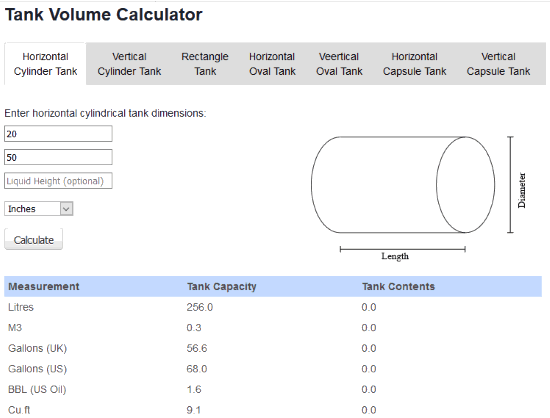 horizontal cylindrical tank volume calculator excel