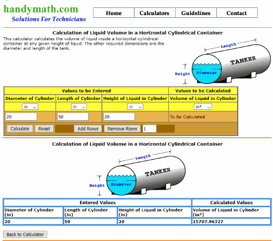 horizontal cylindrical tank volume calculator