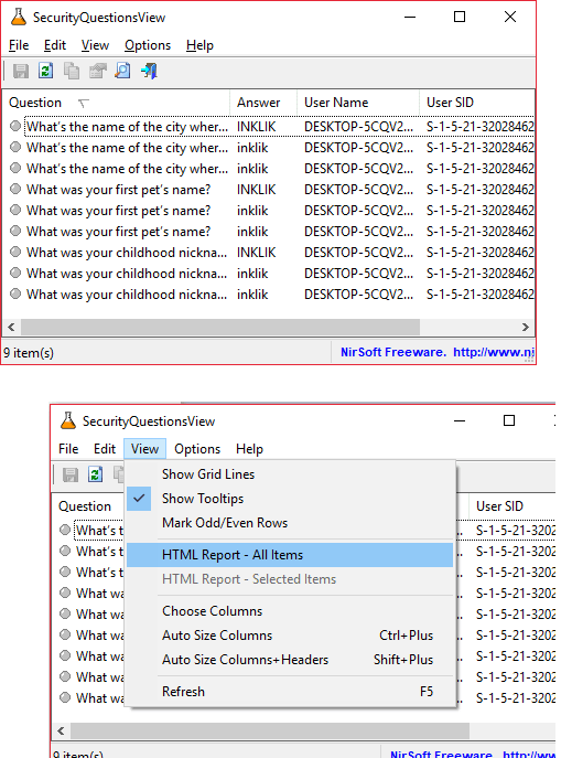 SecurityQuestionsView in action