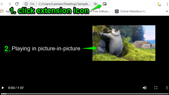 click extension icon to play local video in picture in picture mode