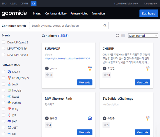 online IDE with coding environment containers