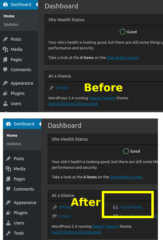 Dashboard Wordcount in action