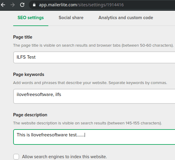 Website SEO settings