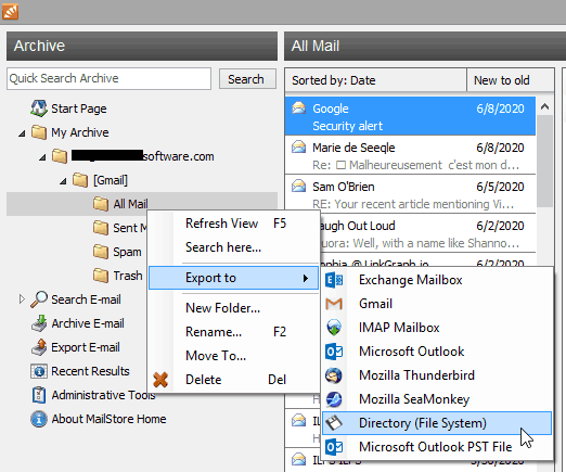 MailStoreHome export