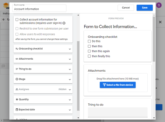 create forms within the table to collect data