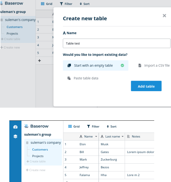 Baserow table data creation