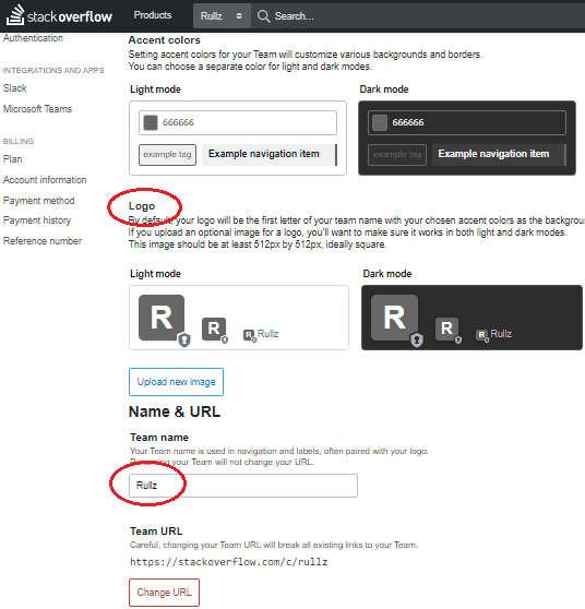 Stack Overflow Teams Change Theme Link Logo