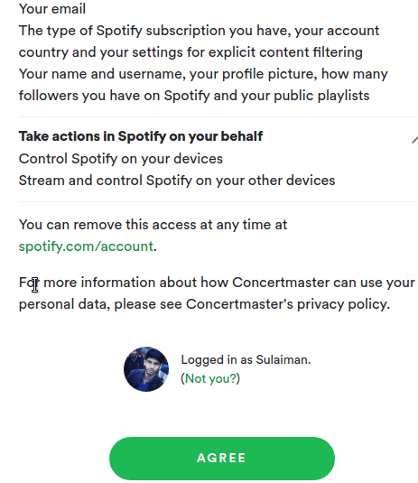 Concertmaster sign in using Spotify