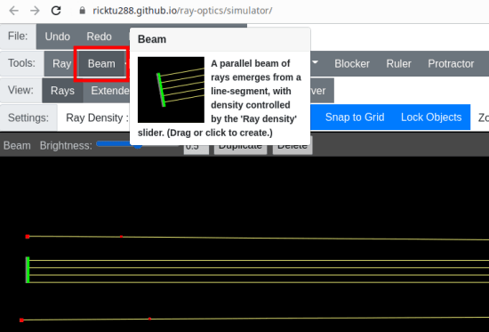 Ray Optics Simulation Beam and Sinfle ray of light