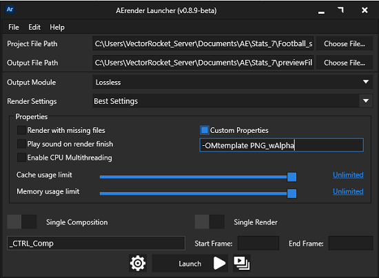 Aerender Launcher Enter Parameters