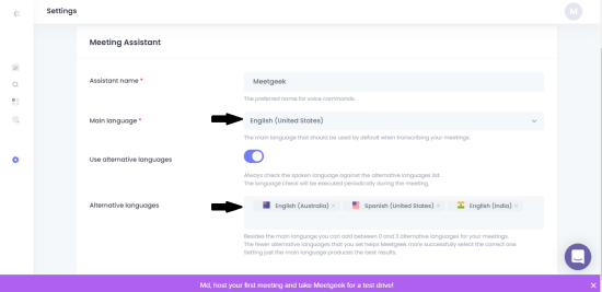 How to set your main and alternative languages in Meetgeek.ai