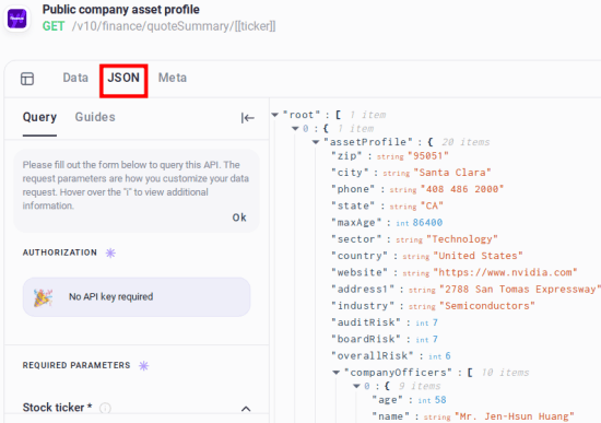 public company asset profile JSON