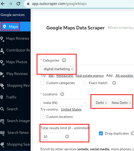 Outscraper specify business information to scrape