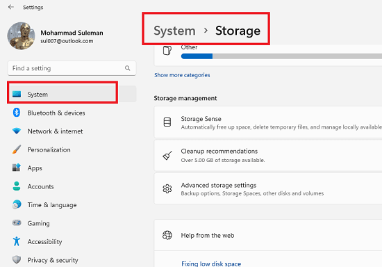 Storage Sense in Settings