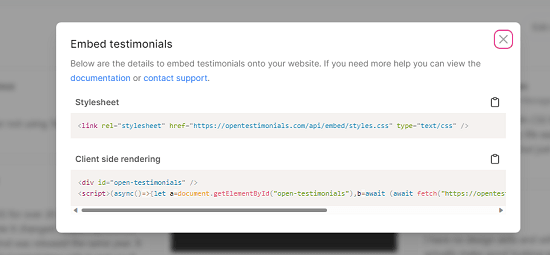 Open Testimonials Embed Code