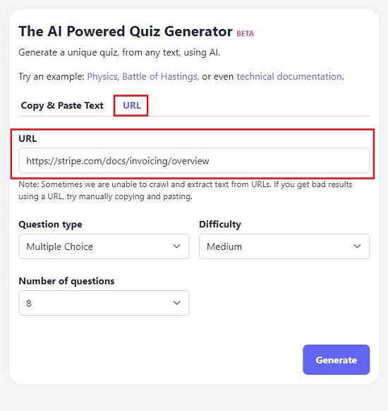 Free AI Powered Quiz Generator from Long Text for Students