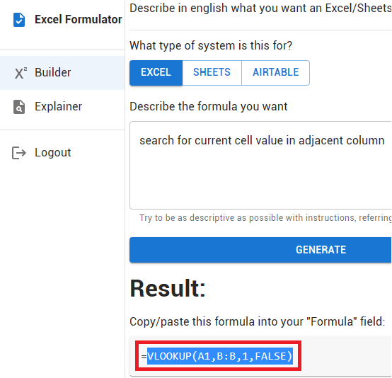 ExcelFormualtor Formula Generated