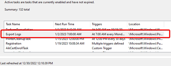 export Logs Task showign inScheduler